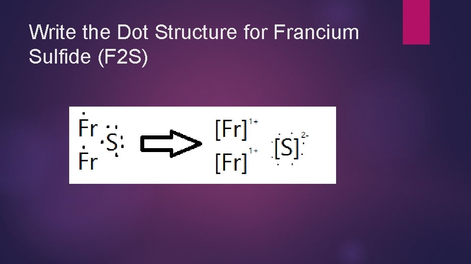 Write the Dot Structure for Francium Sulfide (F 2 S) 