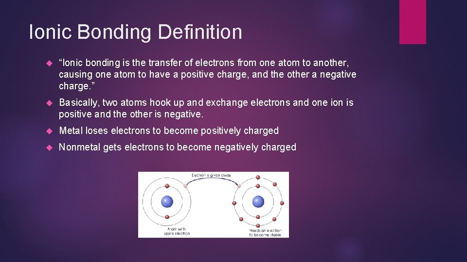 Ionic Bonding Definition “Ionic bonding is the transfer of electrons from one atom to