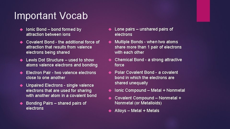 Important Vocab Ionic Bond – bond formed by attraction between ions Lone pairs –