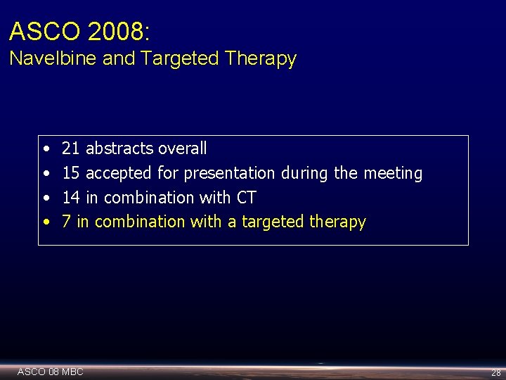 ASCO 2008: Navelbine and Targeted Therapy • • 21 abstracts overall 15 accepted for