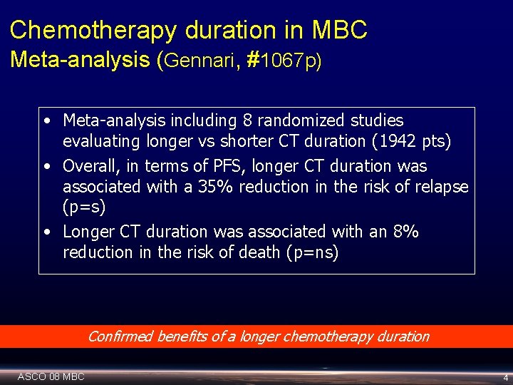 Chemotherapy duration in MBC Meta-analysis (Gennari, #1067 p) • Meta-analysis including 8 randomized studies