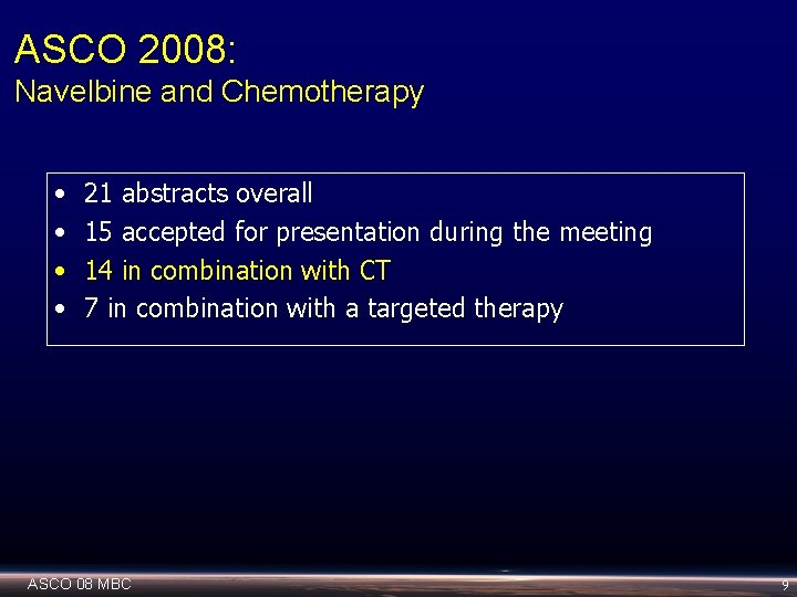 ASCO 2008: Navelbine and Chemotherapy • • 21 abstracts overall 15 accepted for presentation