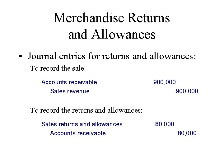 Merchandise Returns and Allowances • Journal entries for returns and allowances: To record the