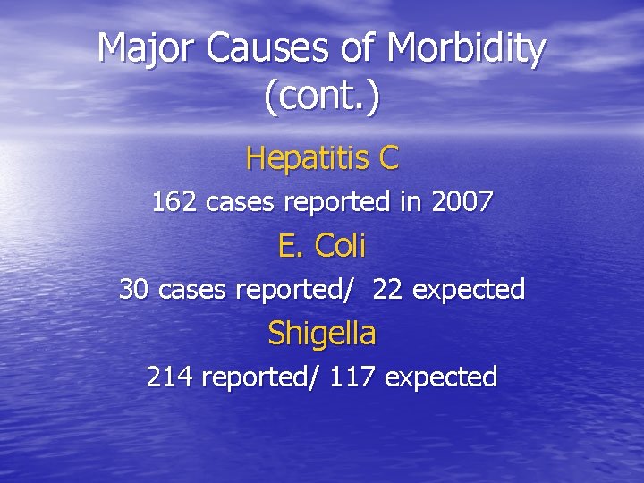 Major Causes of Morbidity (cont. ) Hepatitis C 162 cases reported in 2007 E.