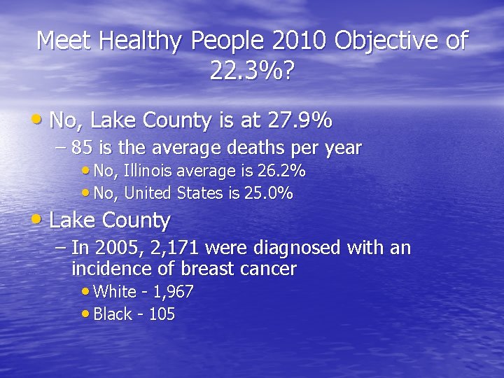 Meet Healthy People 2010 Objective of 22. 3%? • No, Lake County is at