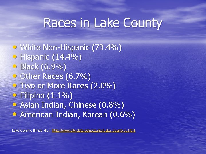Races in Lake County • White Non-Hispanic (73. 4%) • Hispanic (14. 4%) •