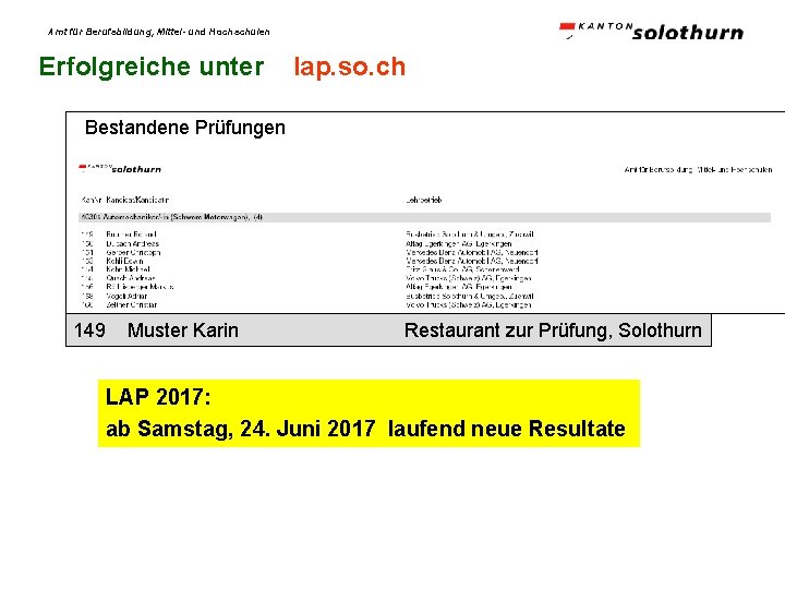 Amt für Berufsbildung, Mittel- und Hochschulen Erfolgreiche unter lap. so. ch Bestandene Prüfungen 149