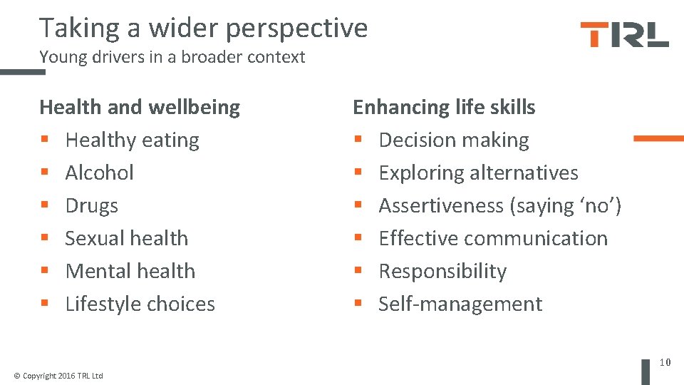 Taking a wider perspective Young drivers in a broader context Health and wellbeing Healthy