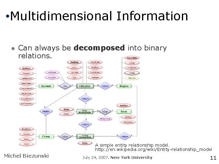  • Multidimensional Information Can always be decomposed into binary relations. A simple entity