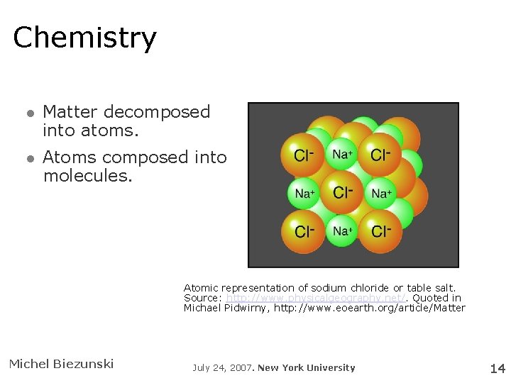 Chemistry Matter decomposed into atoms. Atoms composed into molecules. Atomic representation of sodium chloride