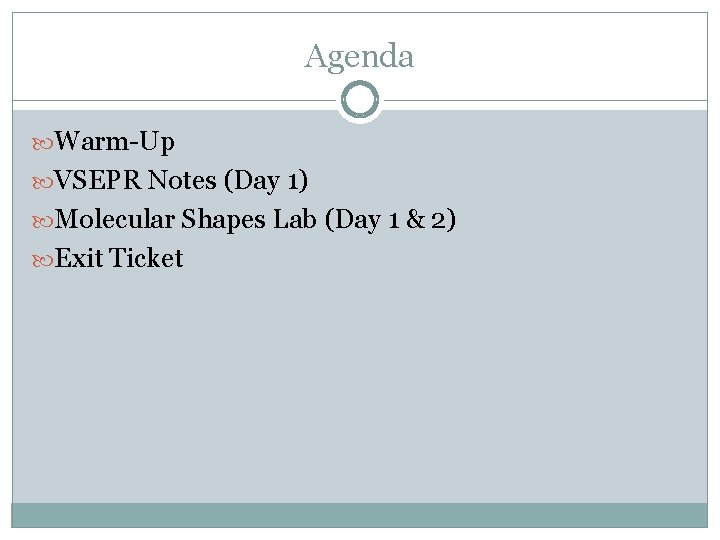 Agenda Warm-Up VSEPR Notes (Day 1) Molecular Shapes Lab (Day 1 & 2) Exit