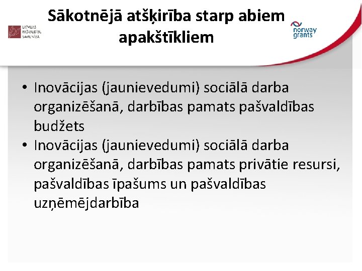 Sākotnējā atšķirība starp abiem apakštīkliem • Inovācijas (jaunievedumi) sociālā darba organizēšanā, darbības pamats pašvaldības