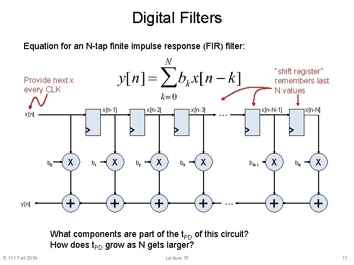 Digital Filters Equation for an N-tap finite impulse response (FIR) filter: “shift register” remembers Digital Filters Equation for an N-tap finite impulse response (FIR) filter: “shift register” remembers