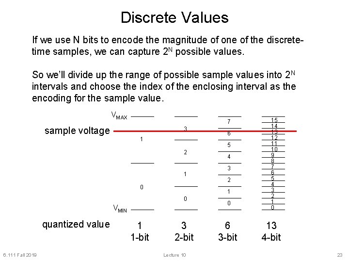 Discrete Values If we use N bits to encode the magnitude of one of
