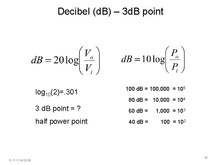 Decibel (d. B) – 3 d. B point log 10(2)=. 301 6. 111 Fall