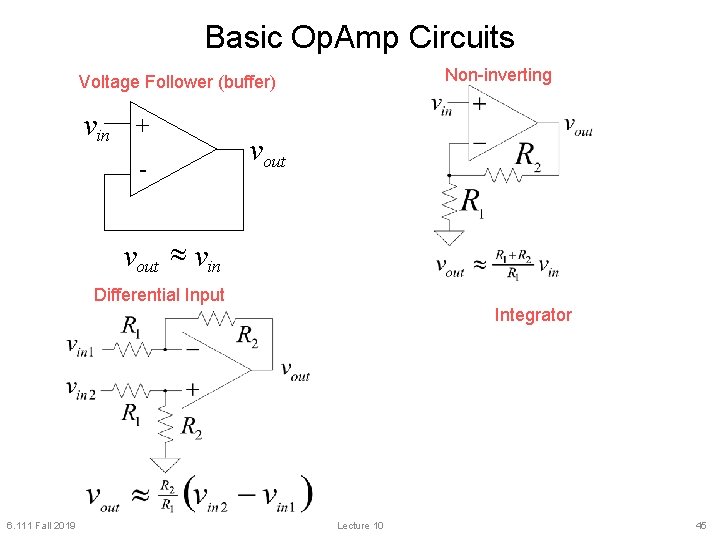 Basic Op. Amp Circuits Non-inverting Voltage Follower (buffer) vin + - vout » vin