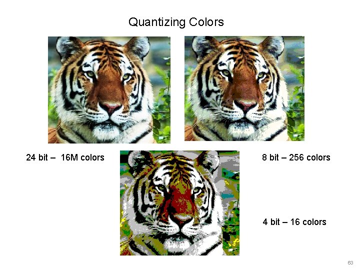Quantizing Colors 24 bit – 16 M colors 8 bit – 256 colors 4