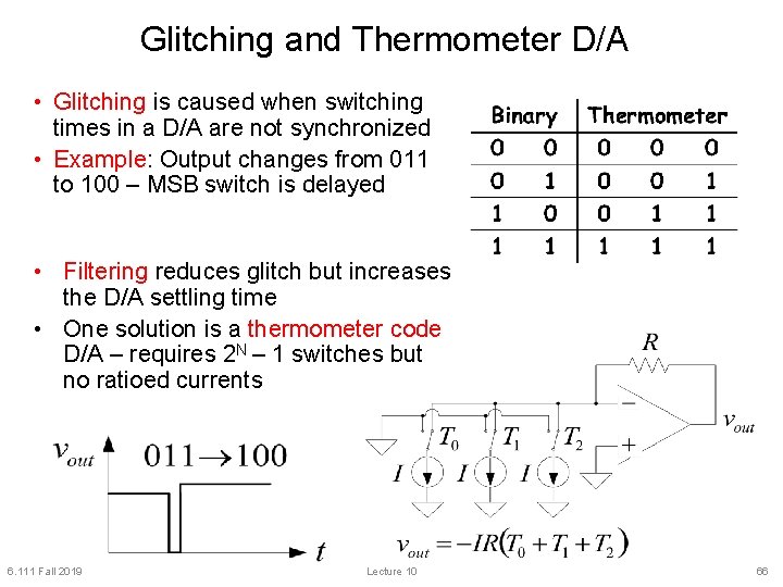 Glitching and Thermometer D/A • Glitching is caused when switching times in a D/A