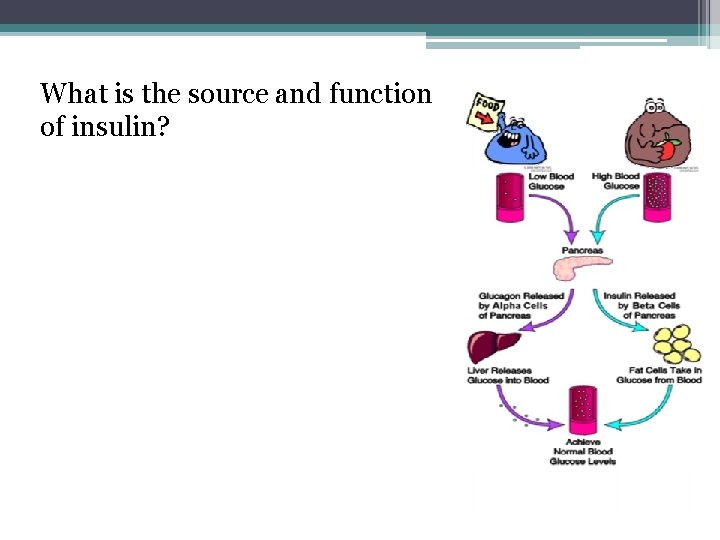 What is the source and function of insulin? Beta cells of pancreas, lowers glucose