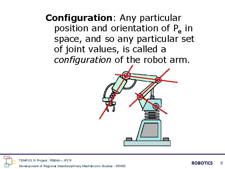 Configuration: Any particular position and orientation of Pe in space, and so any particular