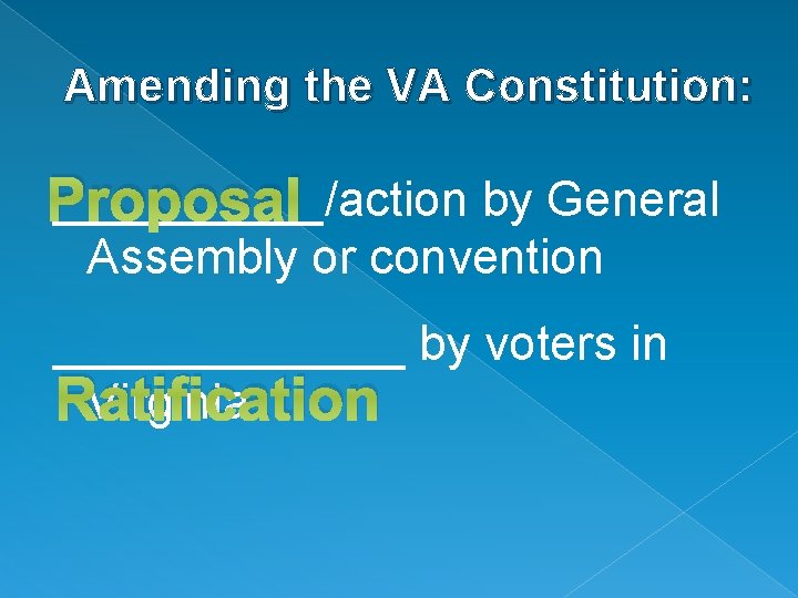 Amending the VA Constitution: _____/action by General Proposal Assembly or convention _______ by voters