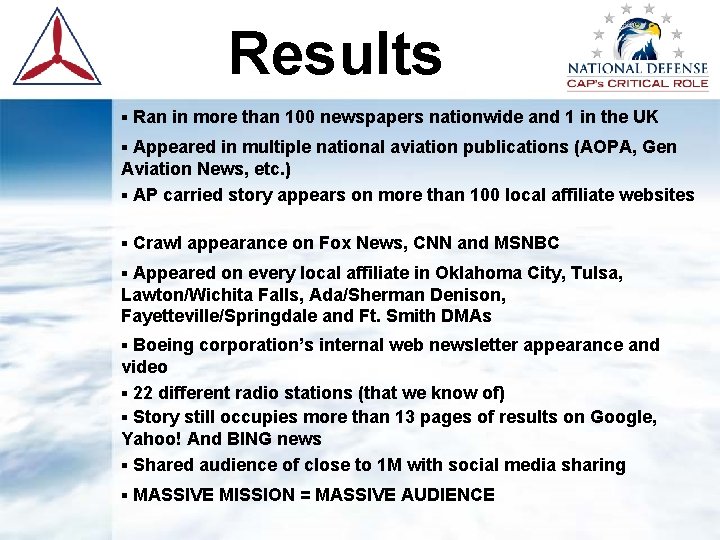 Results § Ran in more than 100 newspapers nationwide and 1 in the UK