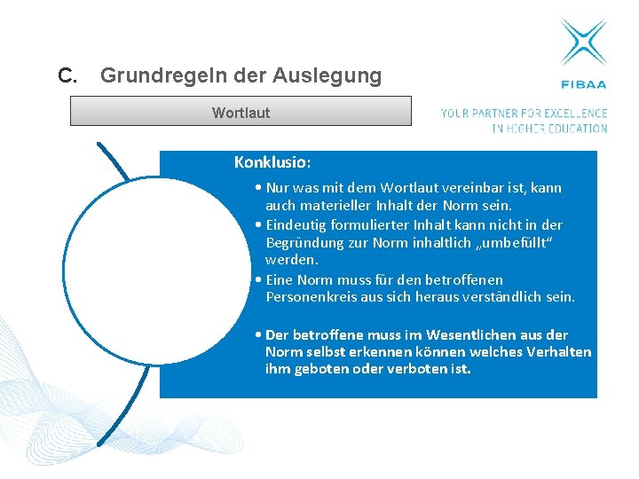 C. Grundregeln der Auslegung Wortlaut Konklusio: • Nur was mit dem Wortlaut vereinbar ist,