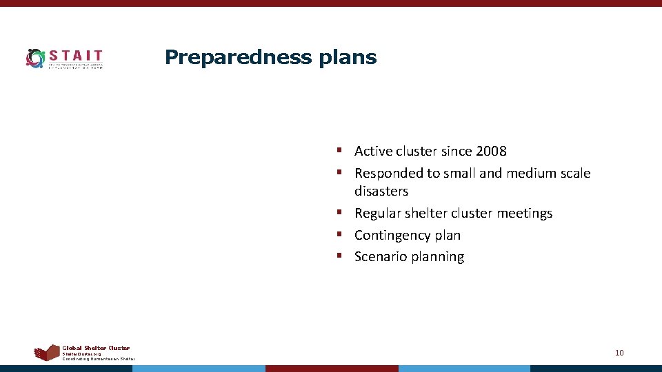 Preparedness plans § Active cluster since 2008 § Responded to small and medium scale
