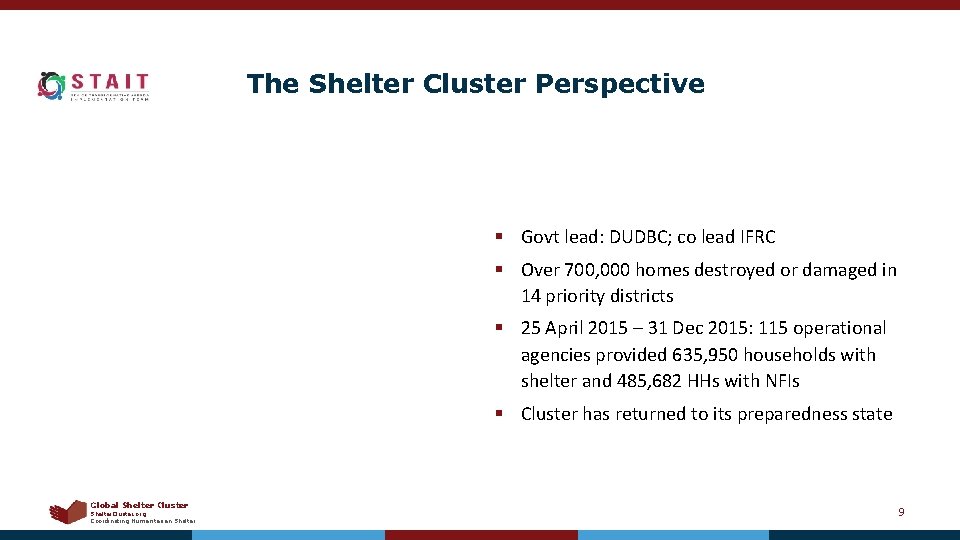The Shelter Cluster Perspective § Govt lead: DUDBC; co lead IFRC § Over 700,