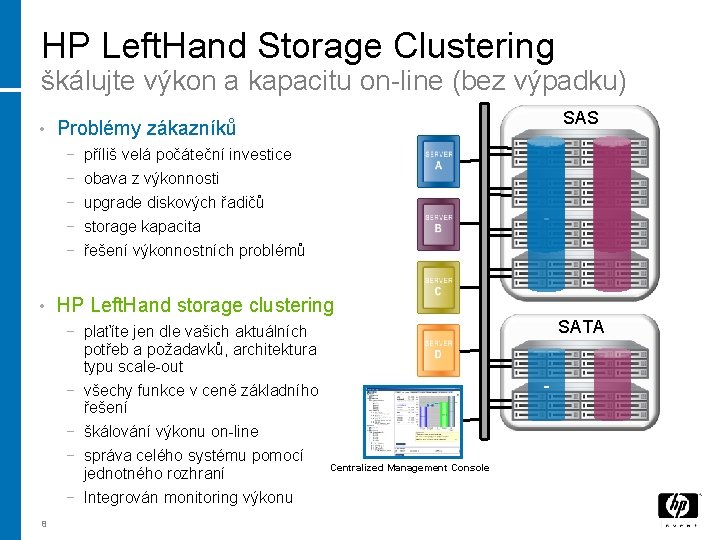 HP Left. Hand Storage Clustering škálujte výkon a kapacitu on-line (bez výpadku) • −