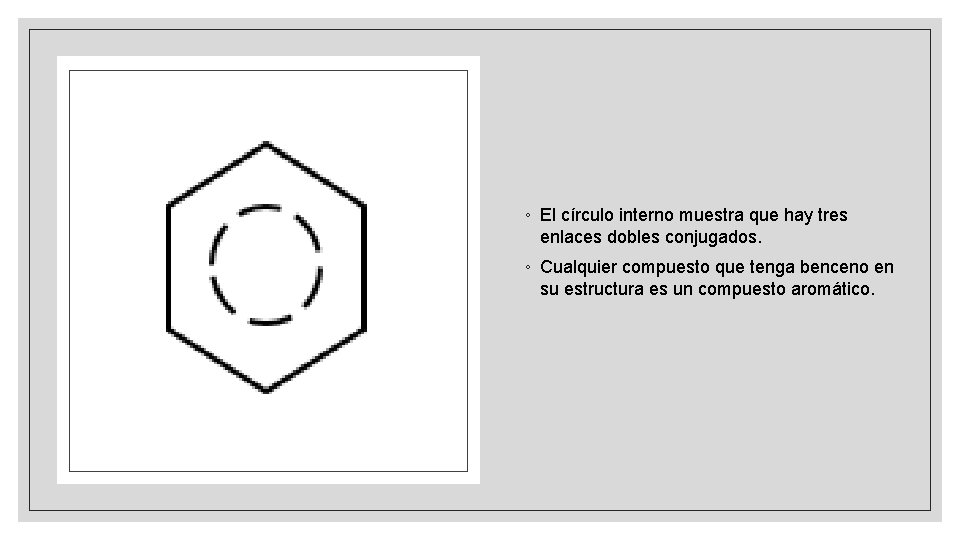 ◦ El círculo interno muestra que hay tres enlaces dobles conjugados. ◦ Cualquier compuesto