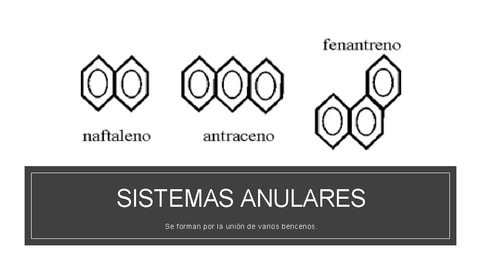 SISTEMAS ANULARES Se forman por la unión de varios bencenos. 