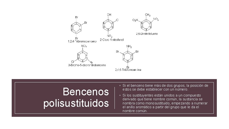 Bencenos polisustituidos ◦ Si el benceno tiene más de dos grupos, la posición de