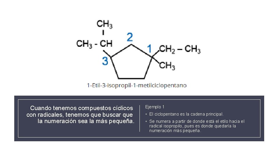 Cuando tenemos compuestos cíclicos con radicales, tenemos que buscar que la numeración sea la