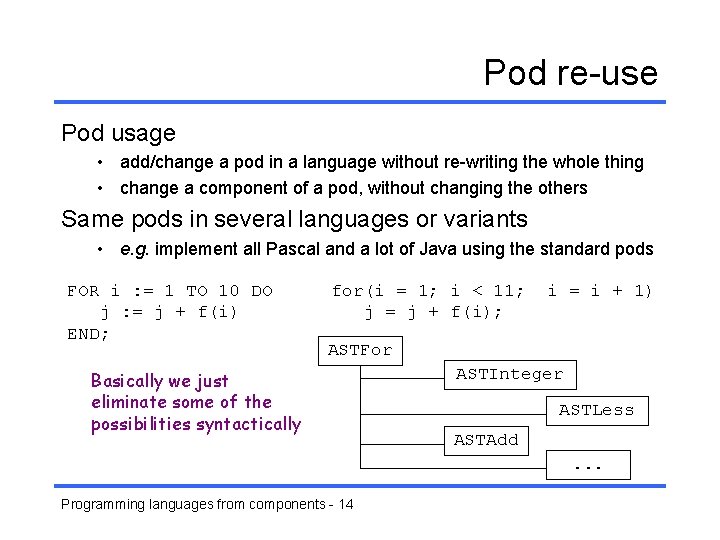 Pod re-use Pod usage • add/change a pod in a language without re-writing the