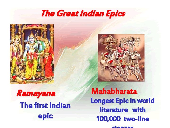 The Great Indian Epics Ramayana The first Indian epic Mahabharata Longest Epic in world
