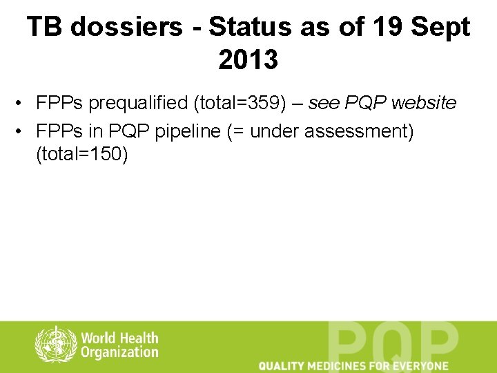 TB dossiers - Status as of 19 Sept 2013 • FPPs prequalified (total=359) –