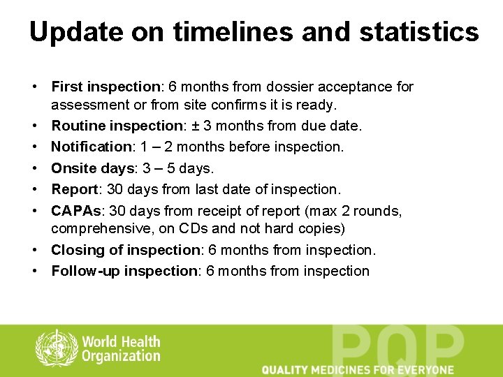 Update on timelines and statistics • First inspection: 6 months from dossier acceptance for
