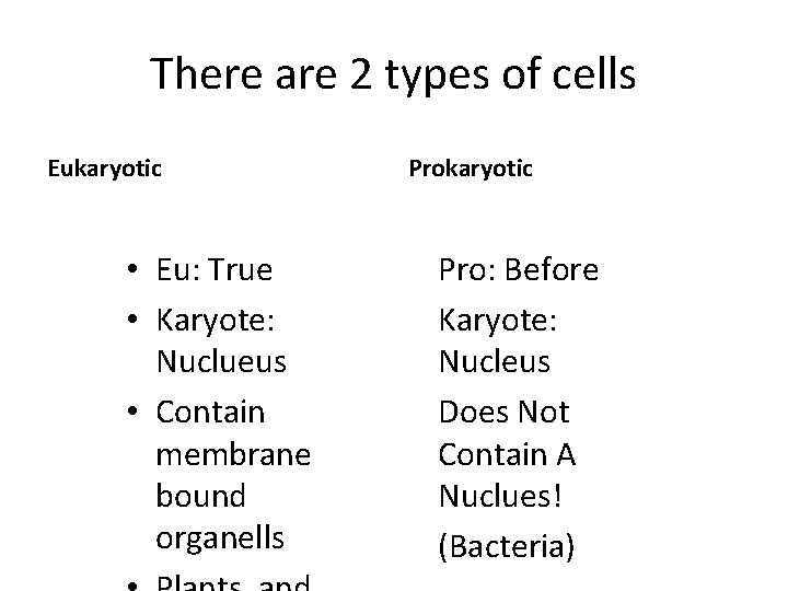 There are 2 types of cells Eukaryotic • Eu: True • Karyote: Nuclueus •