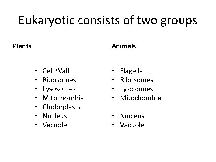 Eukaryotic consists of two groups Plants Animals • • Cell Wall Ribosomes Lysosomes Mitochondria