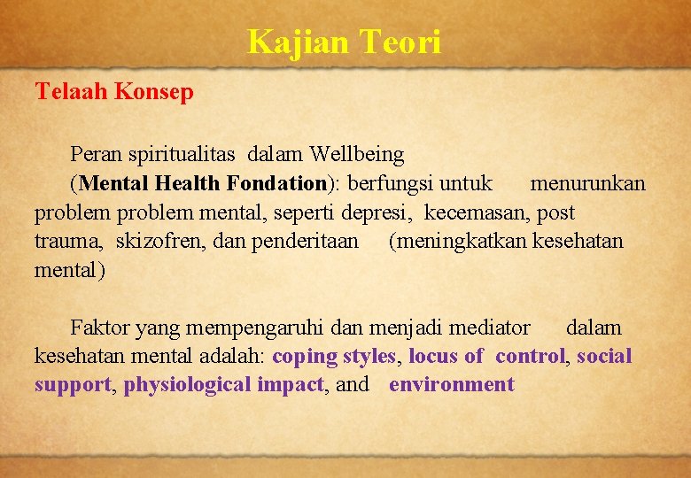 Kajian Teori Telaah Konsep Peran spiritualitas dalam Wellbeing (Mental Health Fondation): berfungsi untuk menurunkan
