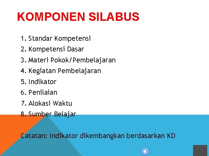 KOMPONEN SILABUS 1. Standar Kompetensi 2. Kompetensi Dasar 3. Materi Pokok/Pembelajaran 4. Kegiatan Pembelajaran