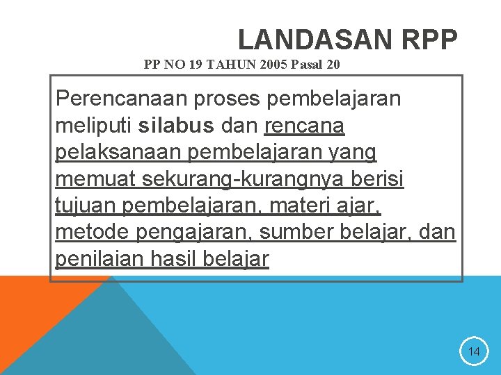 LANDASAN RPP PP NO 19 TAHUN 2005 Pasal 20 Perencanaan proses pembelajaran meliputi silabus