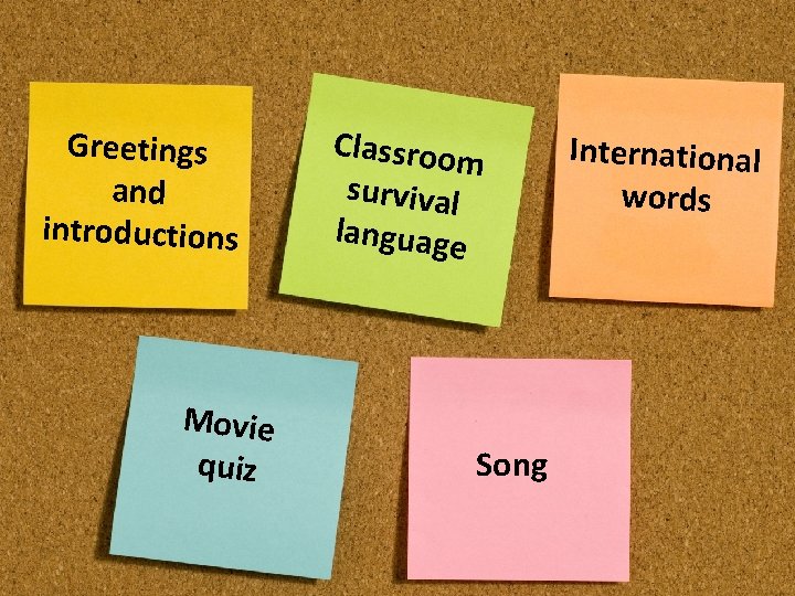 Greetings and introductions Movie quiz Classroo m survival language Song International words 