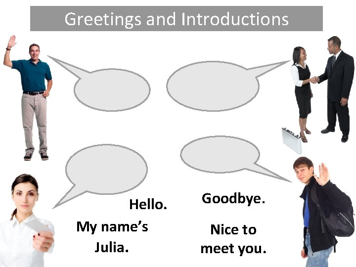 Greetings and Introductions Hello. My name’s Julia. Goodbye. Nice to meet you. 