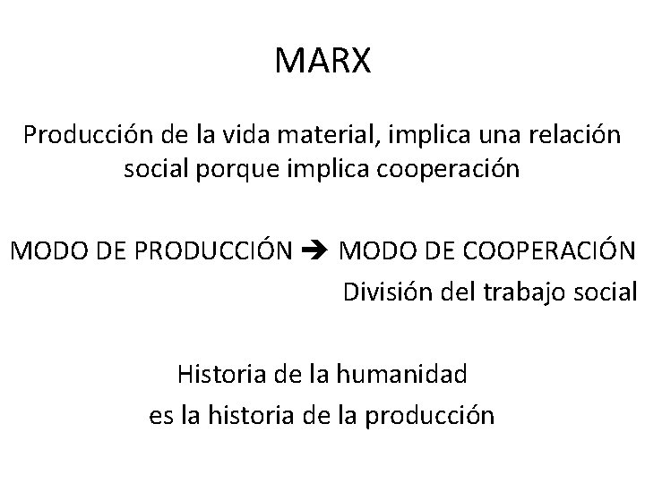 MARX Producción de la vida material, implica una relación social porque implica cooperación MODO