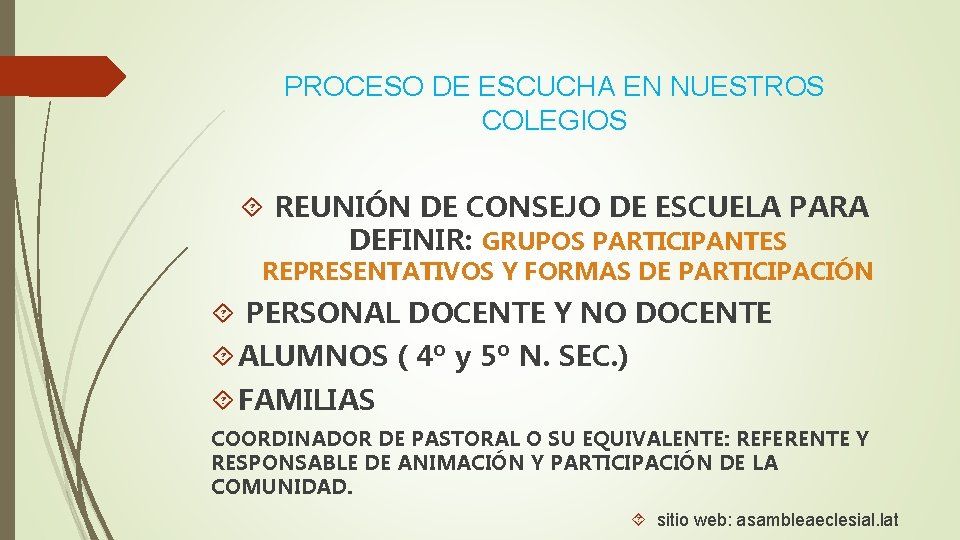 PROCESO DE ESCUCHA EN NUESTROS COLEGIOS REUNIÓN DE CONSEJO DE ESCUELA PARA DEFINIR: GRUPOS