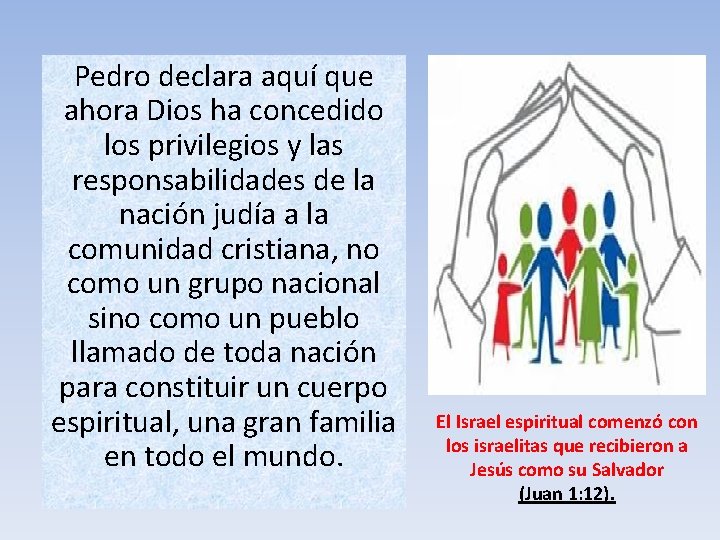 Pedro declara aquí que ahora Dios ha concedido los privilegios y las responsabilidades de Pedro declara aquí que ahora Dios ha concedido los privilegios y las responsabilidades de