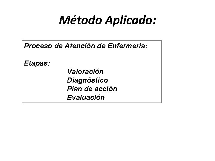 Método Aplicado: Proceso de Atención de Enfermería: Etapas: Valoración Diagnóstico Plan de acción Evaluación