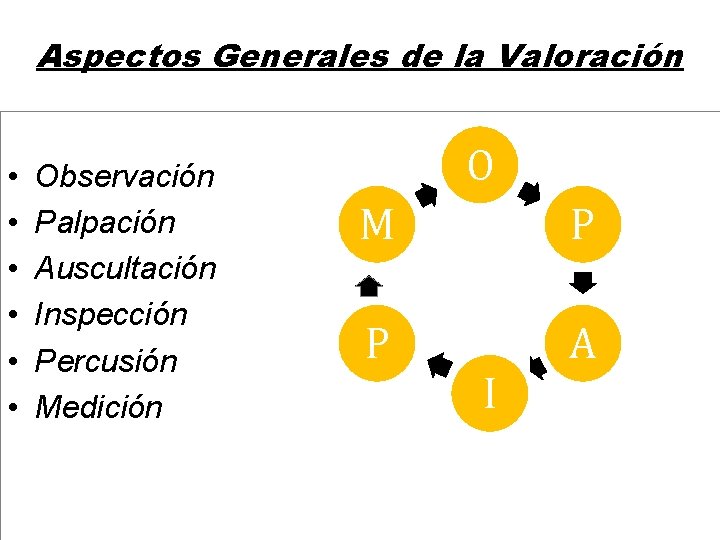 Aspectos Generales de la Valoración • • • Observación Palpación Auscultación Inspección Percusión Medición